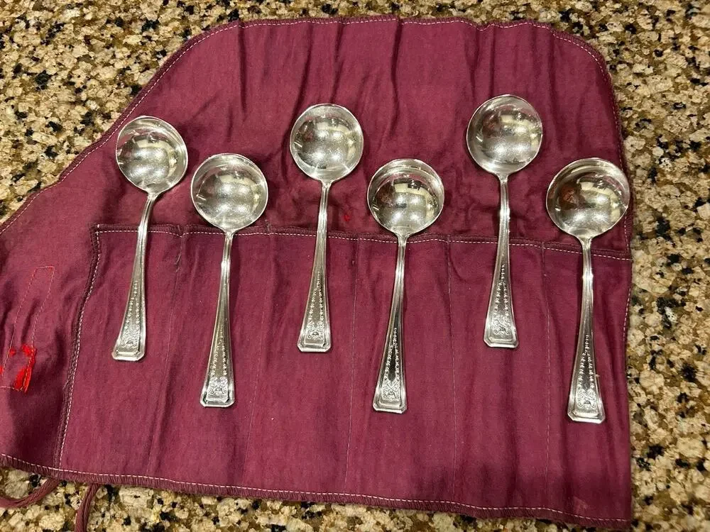 Vintage Set Of 6 Silver Plated Boullian Soup Spoons -Stored In fabric roll C26